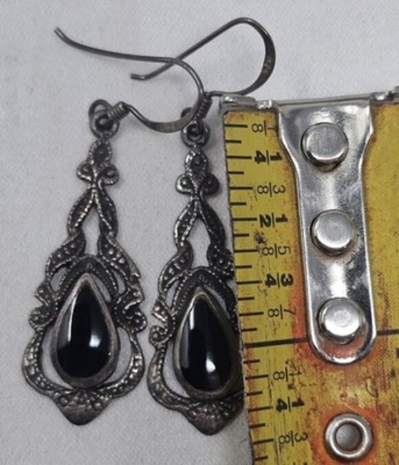 Vintage Stamped Sterling Silver 925 Black Onyx French Hook Dangle Earrings - Picture 7 of 8